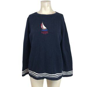 LAUREN RALPH LAUREN - WOMENS LARGE - NAVY LONG SLEEVE COTTON SAIL BOAT SWEATER